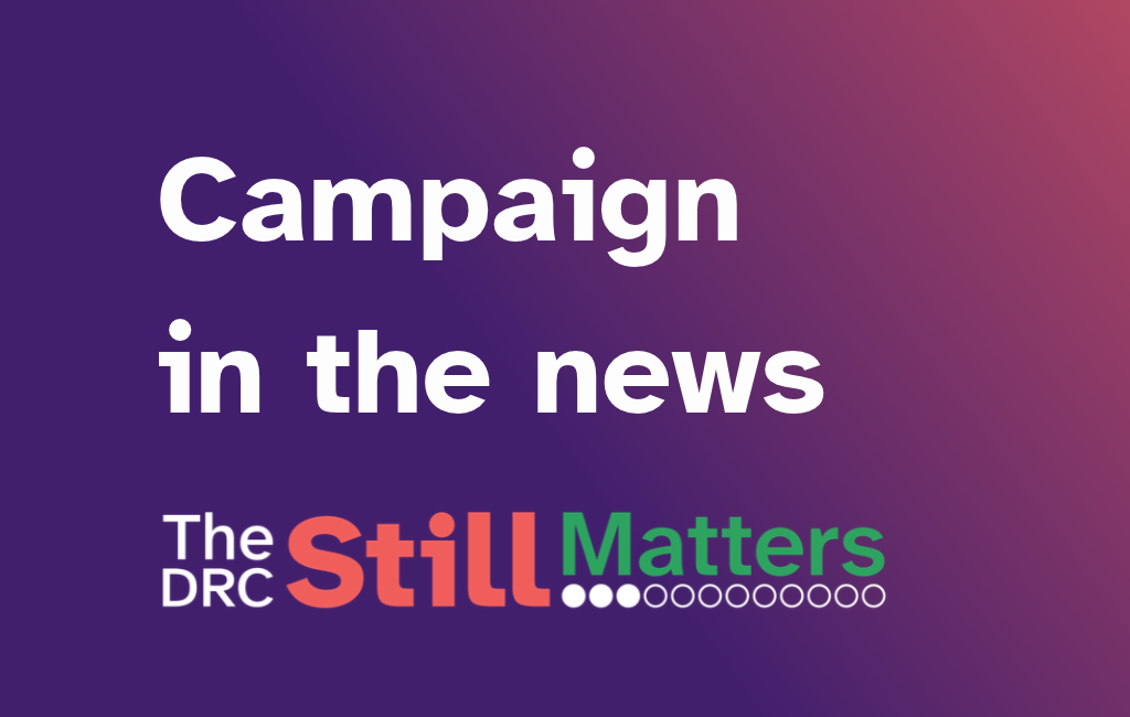 Purple and coral gradient background. Text says Campaign in the news. Campaign logo for The DRC Still Matters below